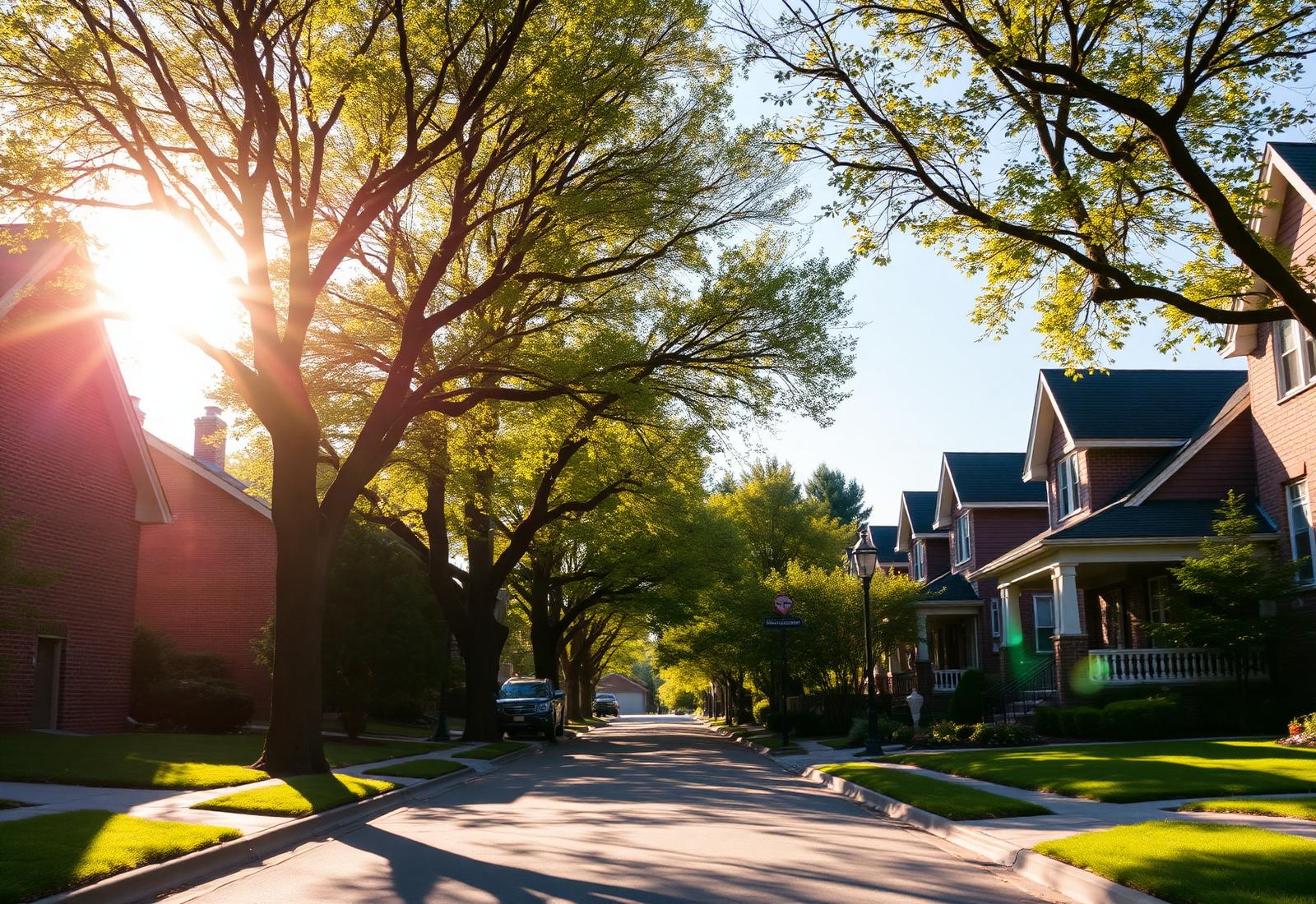 Kansas City tree-lined residential street with brick homes
